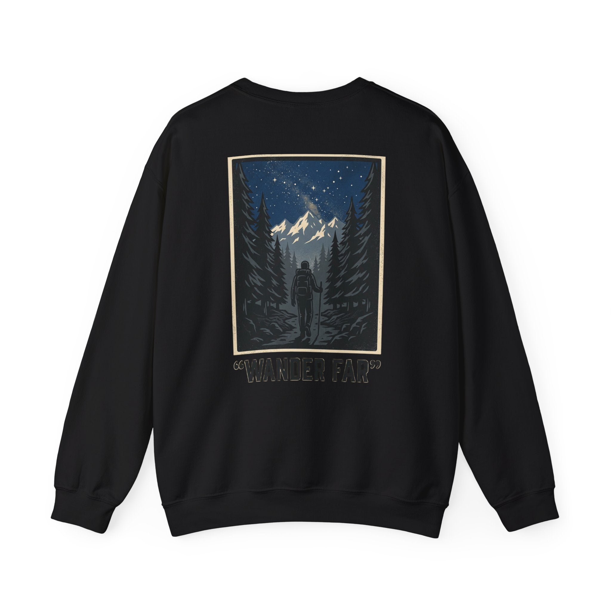 Wander Far Mountain Crewneck Sweatshirt — Adventure Graphic Pullover