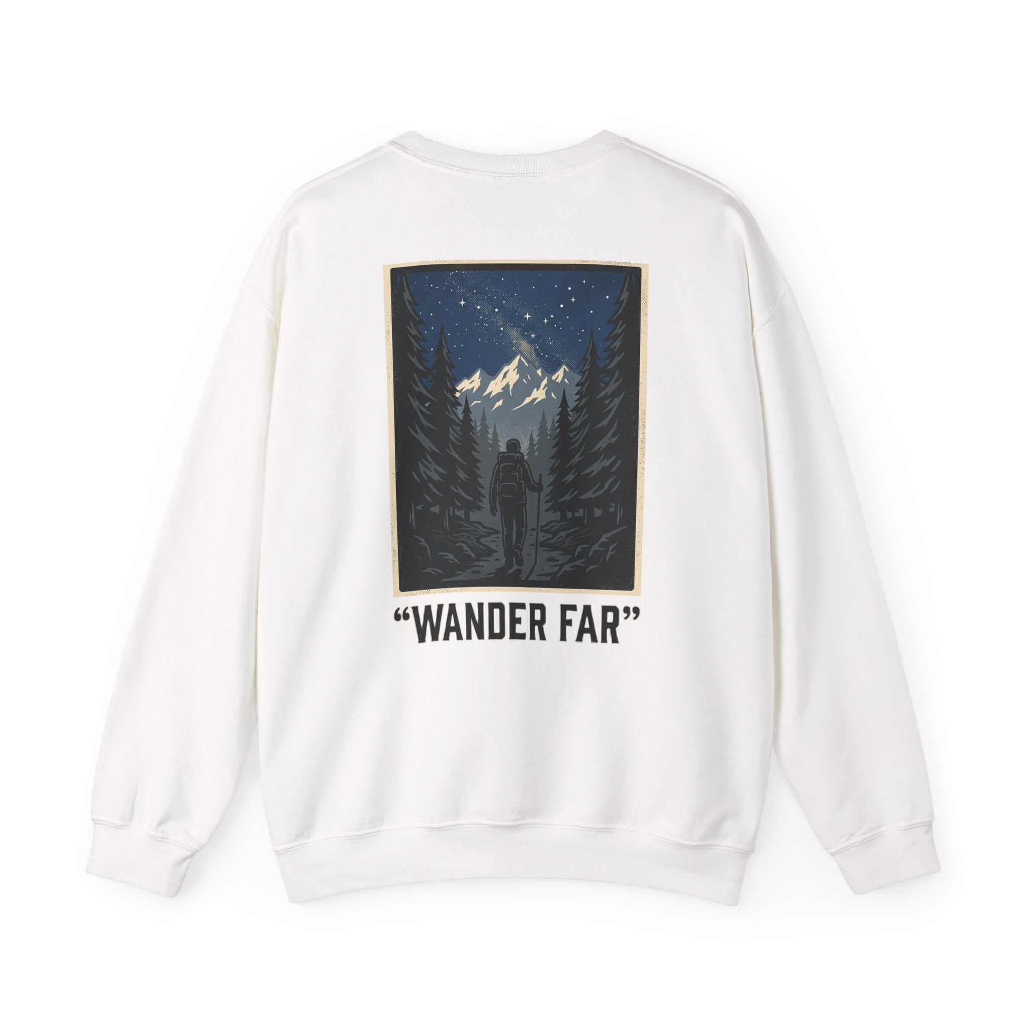 Wander Far Mountain Crewneck Sweatshirt — Adventure Graphic Pullover